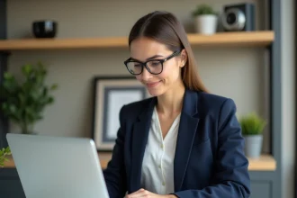 Freelance administrative travaillant sur son ordinateur portable dans un bureau à domicile organisé, illustrant la gestion de mission freelance