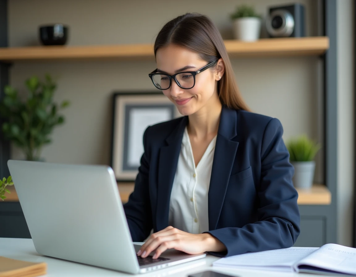 Freelance administrative travaillant sur son ordinateur portable dans un bureau à domicile organisé, illustrant la gestion de mission freelance