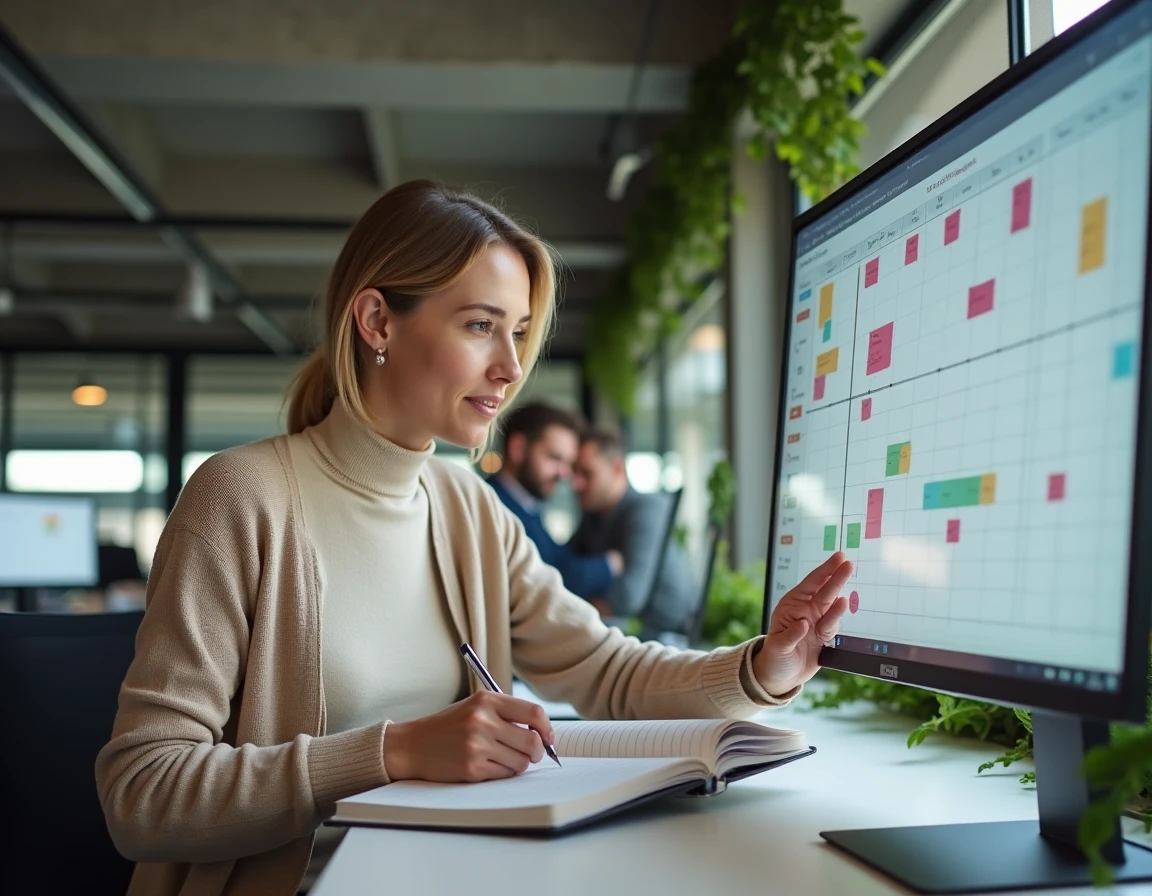 Freelance administrative organisant ses missions clients dans un espace de coworking avec tableau de planification et agenda ouvert