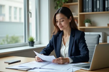 Freelance femme consultant analysant une grille tarifaire stratégique dans un bureau moderne à domicile