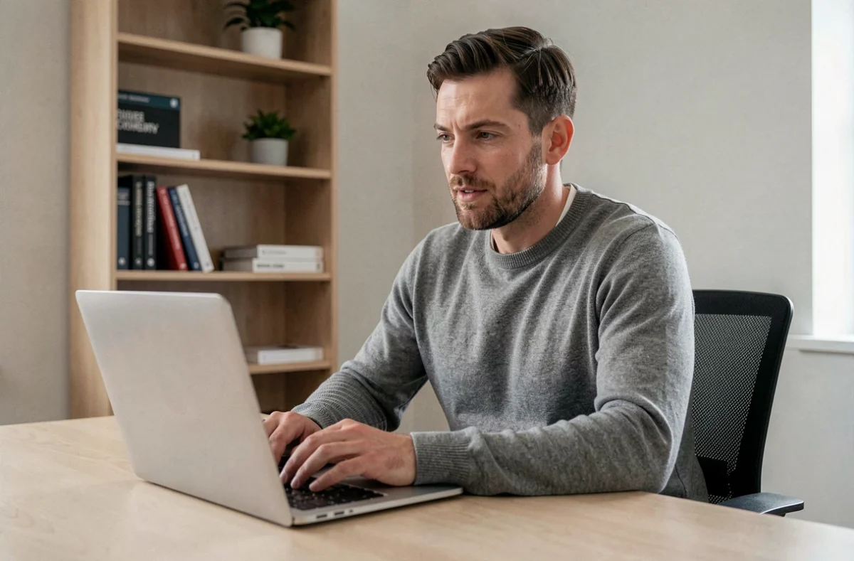 Freelance en télétravail discutant de son statut de salarié porté lors d'un appel vidéo professionnel