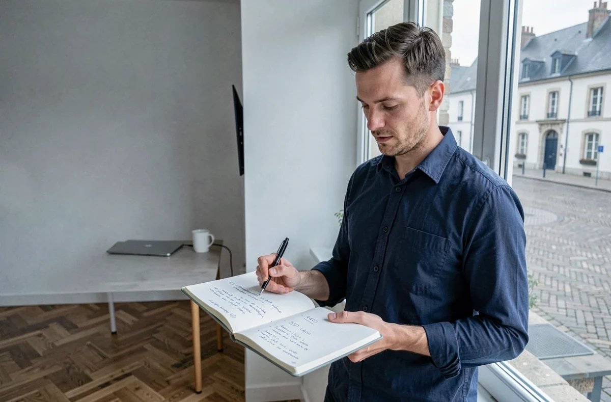 Consultant SEO freelance Gaëtan Lefebvre en chemise bleue consultant ses notes SEO manuscrites devant une fenêtre panoramique dans un appartement normand rénové