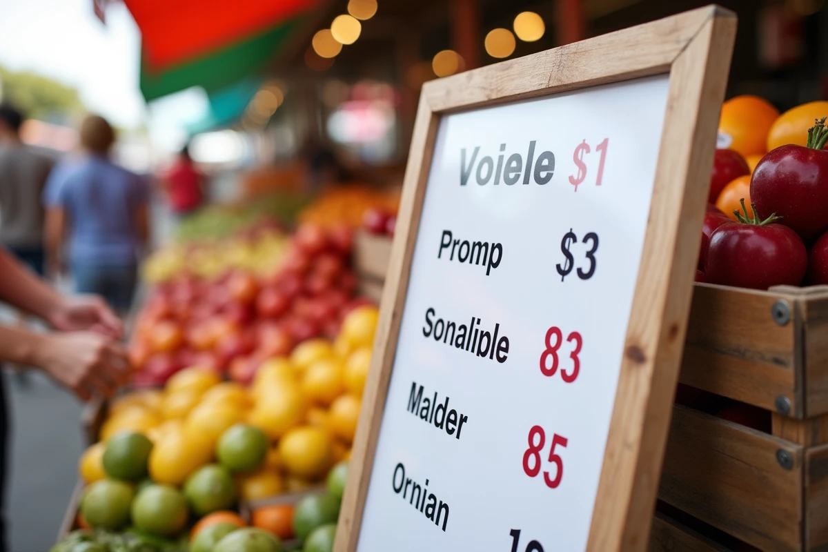 Gros plan sur une affiche de prix imprimée avec grande typographie lisible, posée contre des caisses de fruits à un marché en plein air