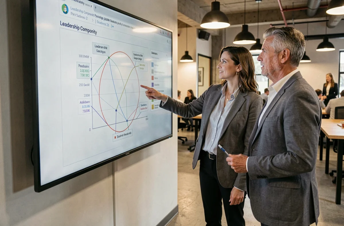 Groupe de professionnels analysant ensemble un graphique de compétences en leadership sur un écran numérique interactif