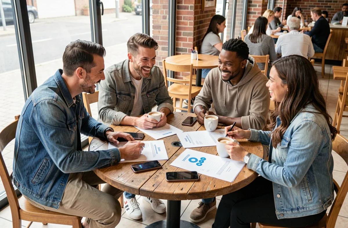 Groupe de professionnels réunis dans un café pour une séance de brainstorming sur la stratégie de communauté de marque