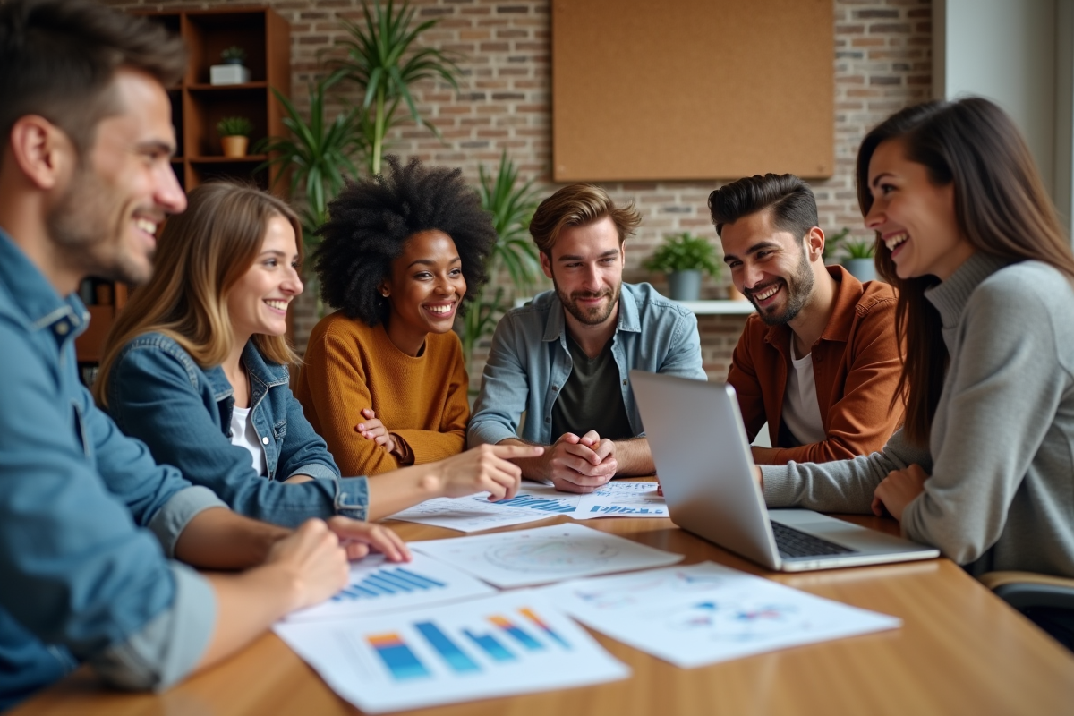 Groupe de jeunes collaborant autour de graphiques et ordinateurs