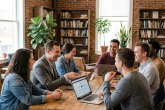 Groupe de professionnels en brainstorming dans un espace coworking