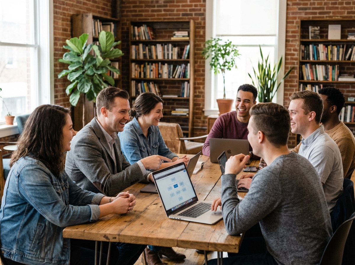 Groupe de professionnels en brainstorming dans un espace coworking