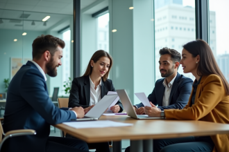 Groupe de professionnels en réunion dans un bureau moderne