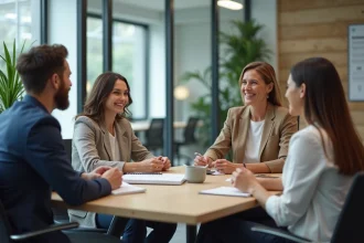 Groupe de professionnels en discussion dans un bureau moderne