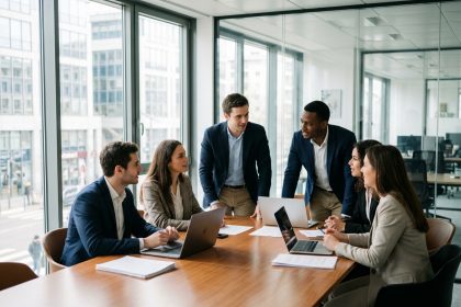 Groupe de jeunes professionnels discutant dans un bureau moderne &agrave; Levallois