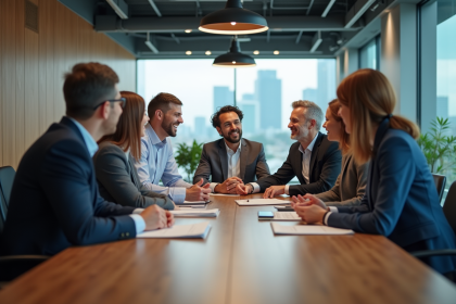 Groupe de professionnels en r&eacute;union dans un bureau moderne
