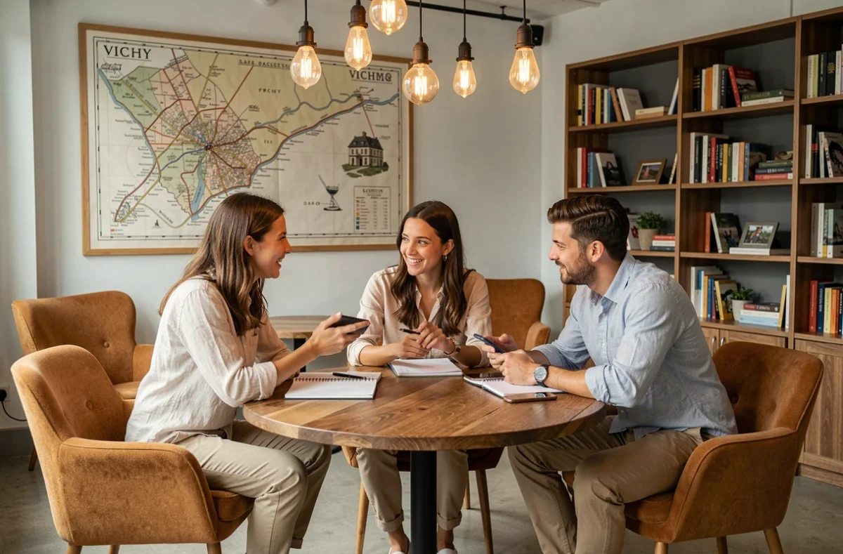 Groupe de jeunes professionnels en réunion informelle dans un espace de coworking à Vichy avec carte de la ville en décoration