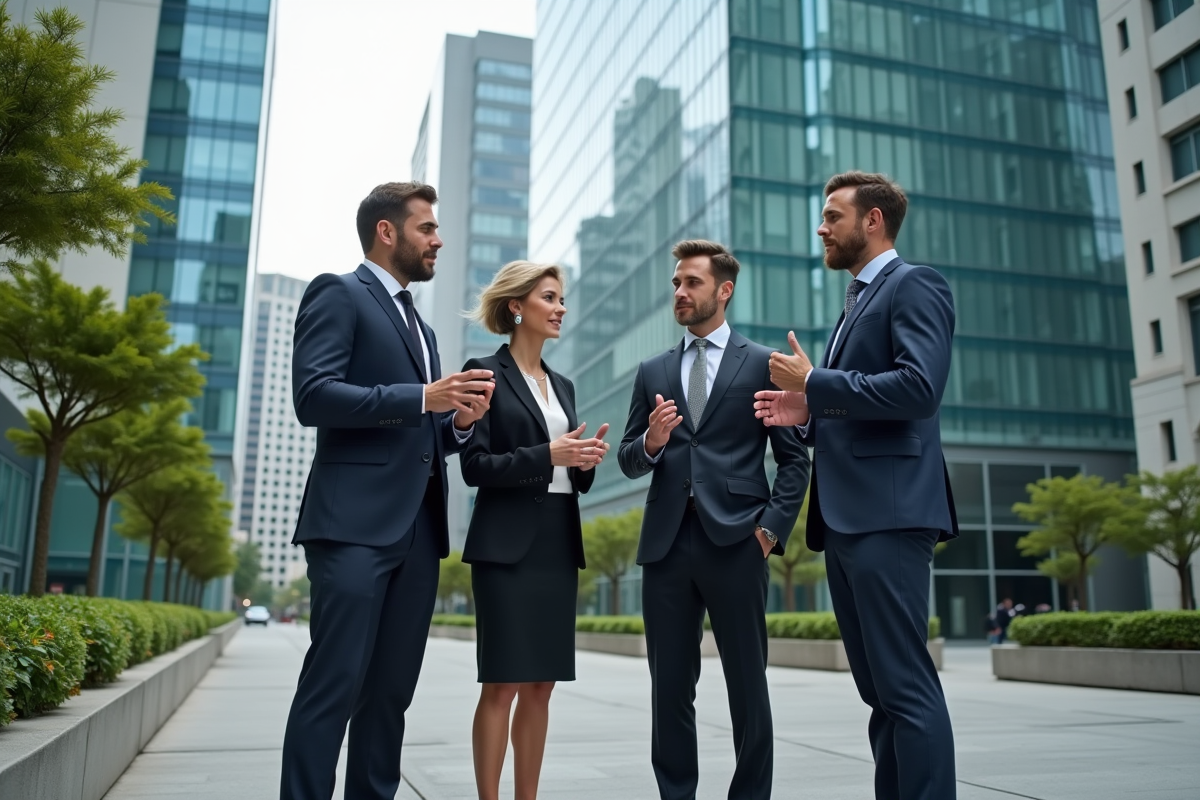 Groupe de professionnels discutant devant un gratte-ciel urbain