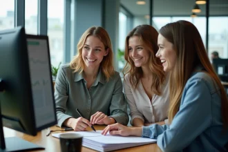 Jeunes adultes discutant autour d'un ordinateur moderne