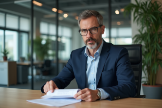 Homme d'affaires sérieux en costume bleu dans un bureau moderne