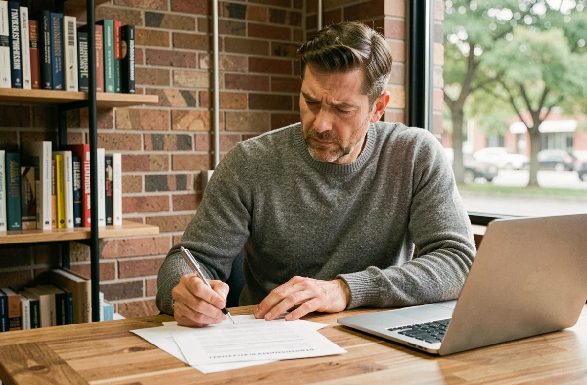 Homme en train d'évaluer ses compétences de leadership avec un questionnaire d'auto-évaluation dans un bureau calme