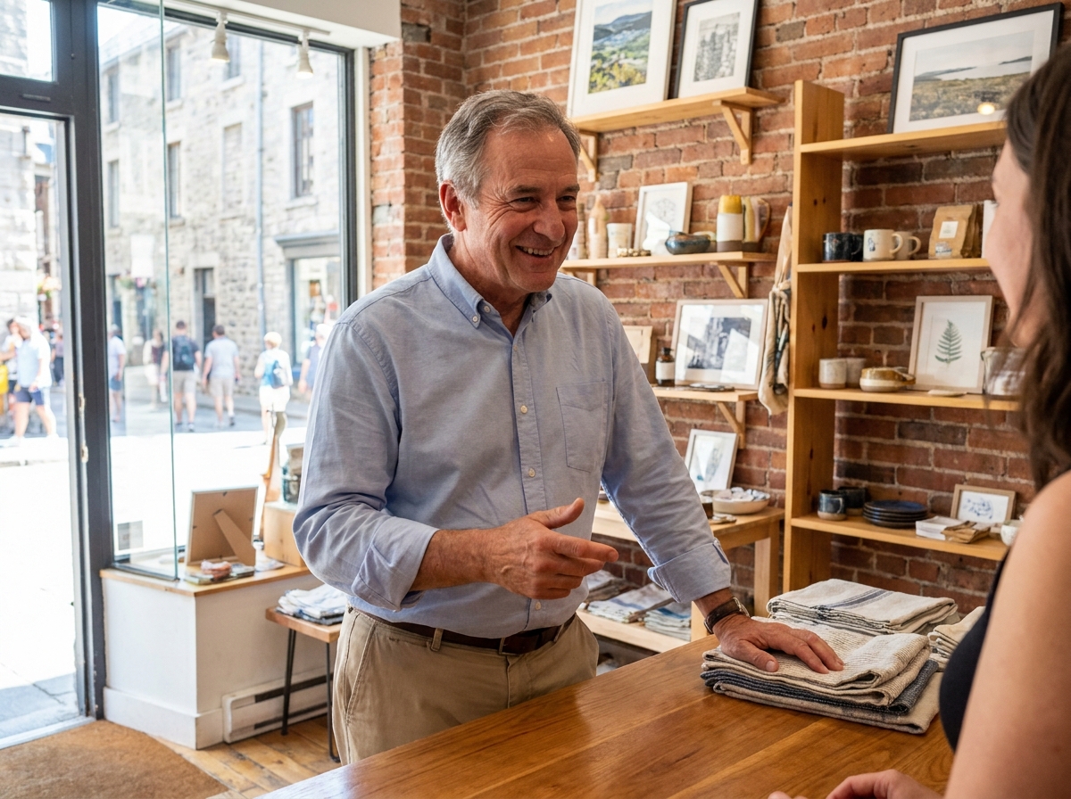 Vendeur aidant un client dans une boutique locale chaleureuse