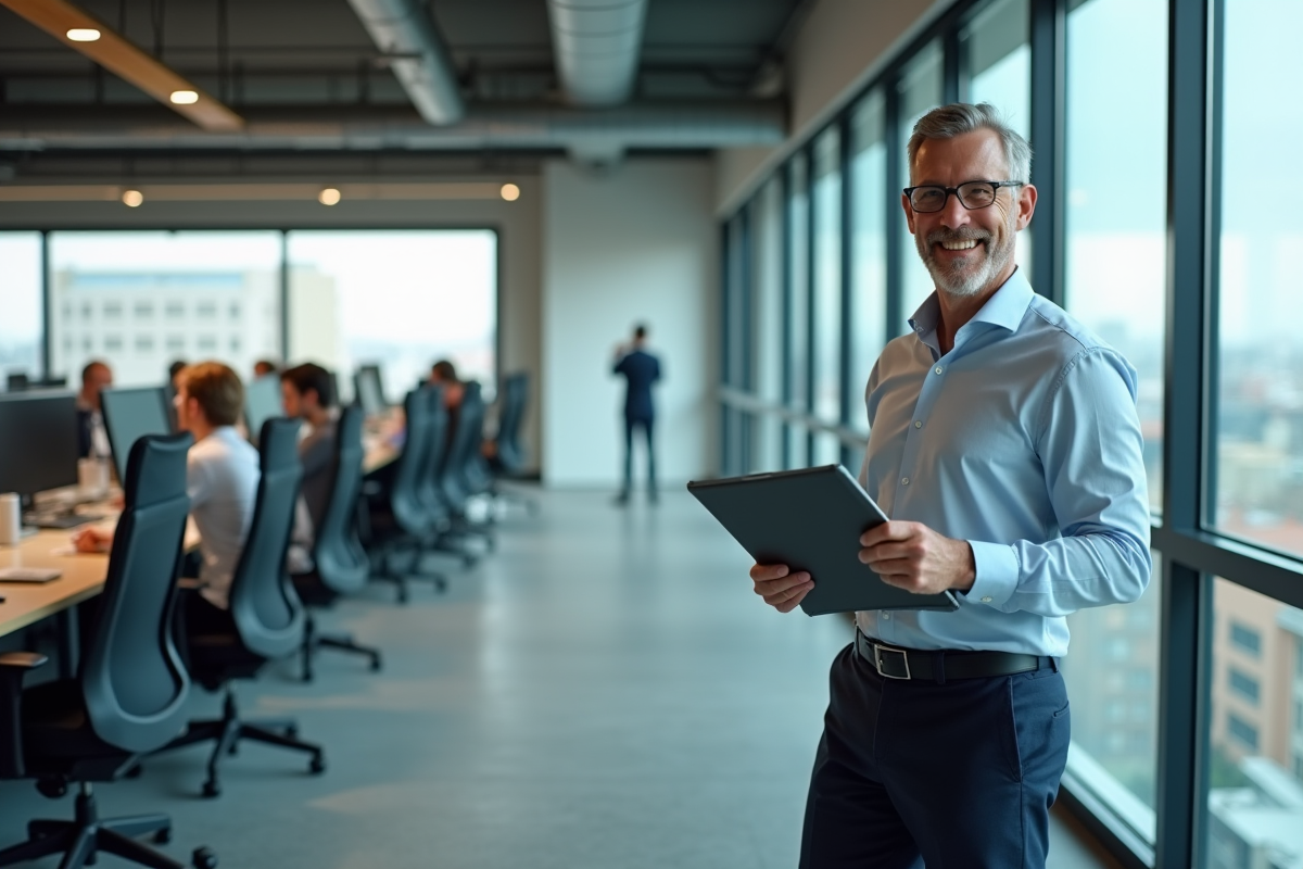 Homme en réunion dans un espace de travail moderne et lumineux