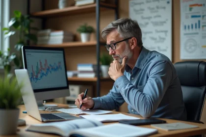 Homme d'affaires r&eacute;fl&eacute;chissant devant un graphique complexe