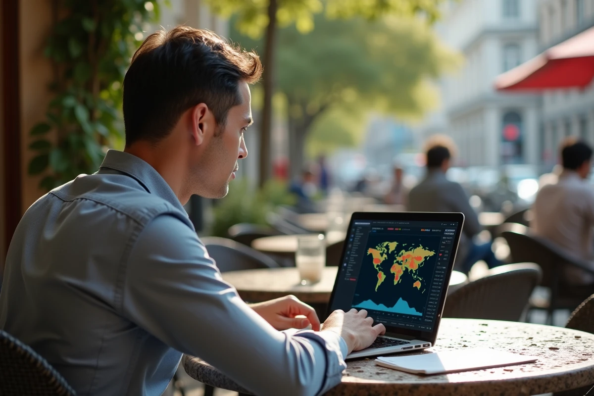 Homme d affaires analysant un tableau digital au café