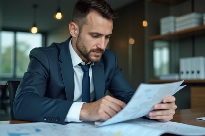 Homme professionnel examinant des cartes et une tablette