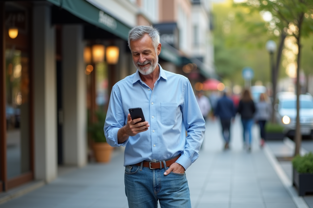 Homme décontracté vérifiant un SMS dans la rue urbaine