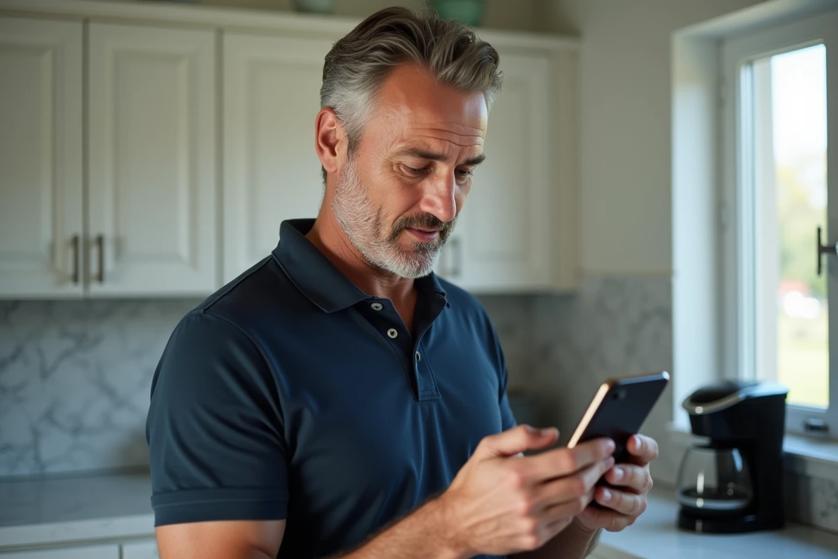 Homme consultant le site BackMarket sur son téléphone pour trouver un numéro de service client