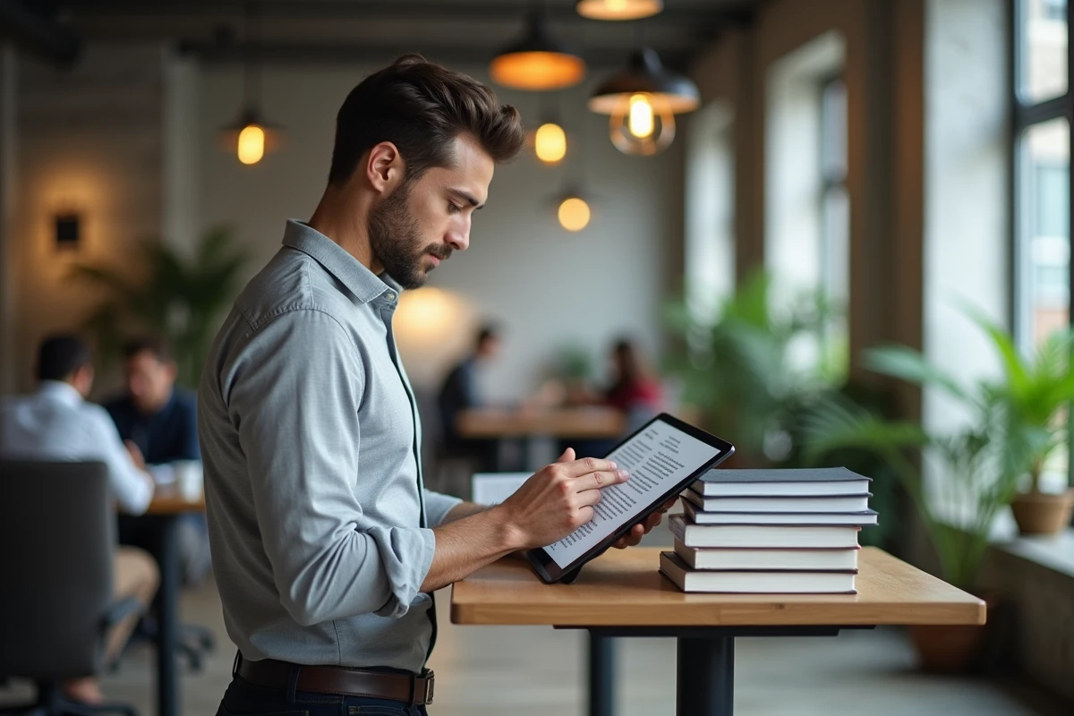 Homme debout dans un espace de coworking consultant des ressources numériques sur une tablette entourée de livres professionnels en marketing et droit
