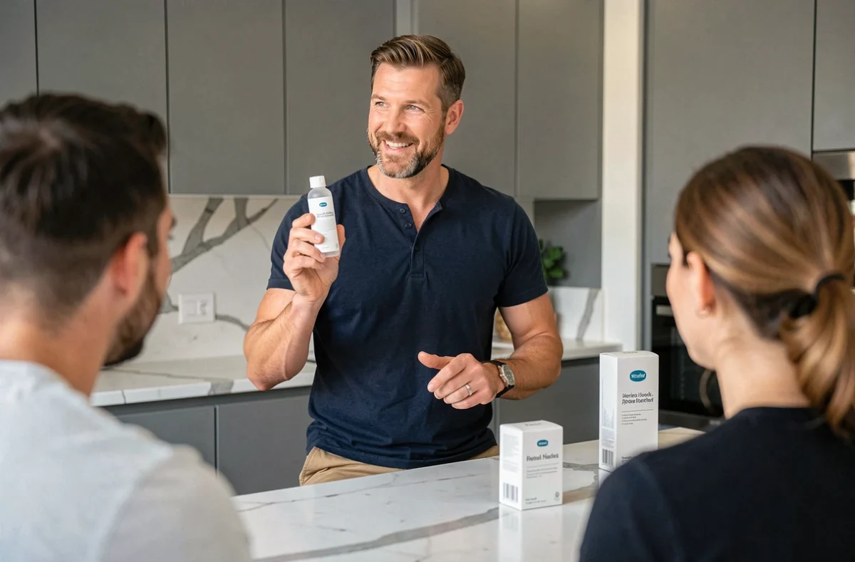 Homme présentant un produit tendance lors d'une démonstration de vente à domicile en 2026