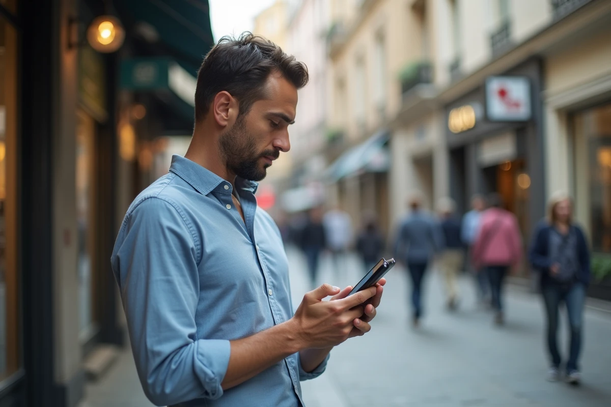 Homme entrepreneur dans la ville en train de taper un message