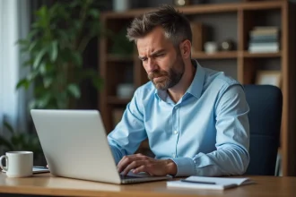 Homme frustré devant un ordinateur avec erreur de connexion
