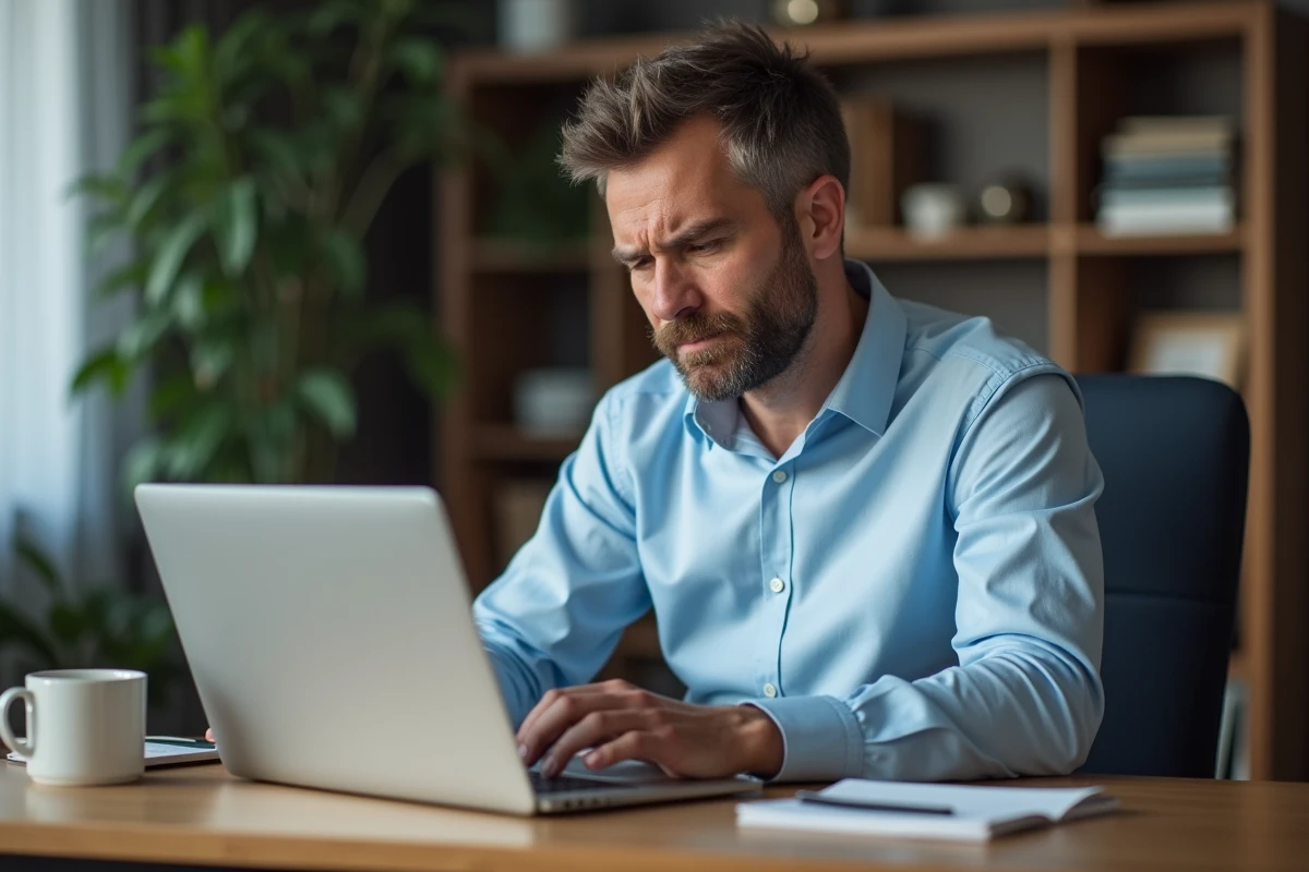 Homme frustré devant un ordinateur avec erreur de connexion