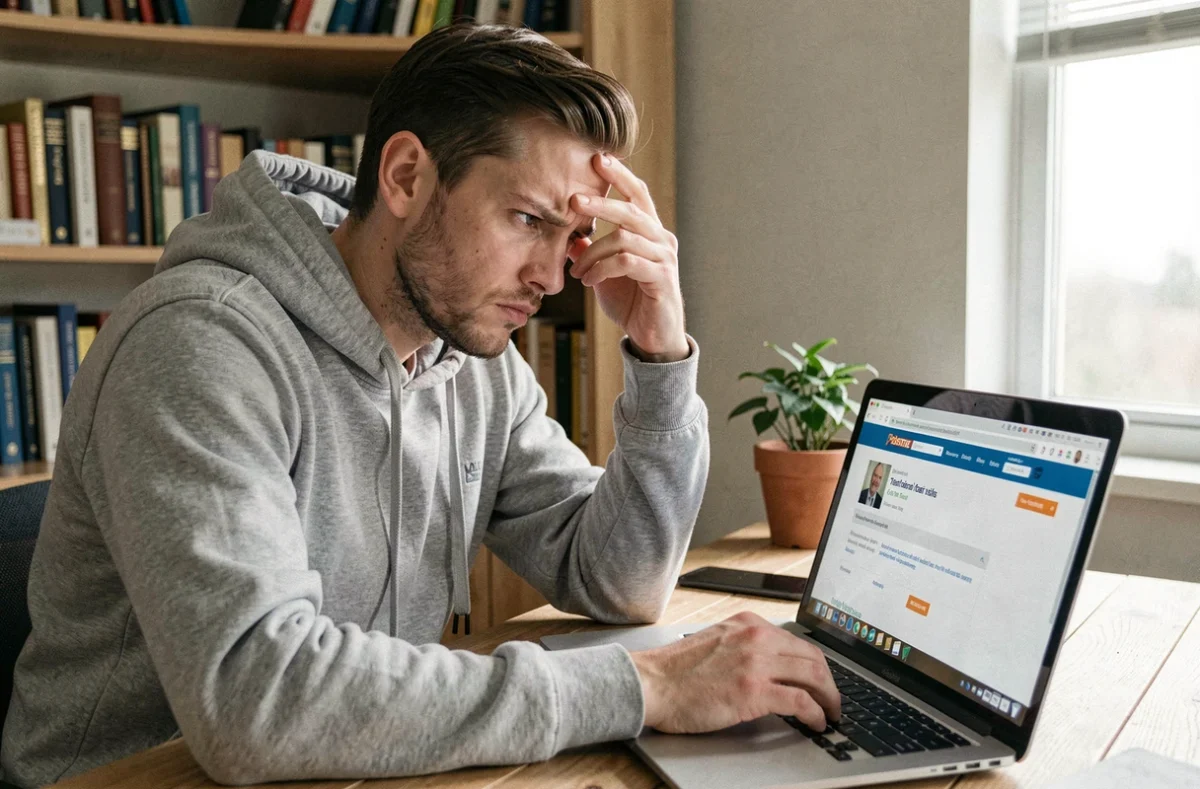 Homme frustré devant un ordinateur portable affichant une erreur sur le site de La Poste