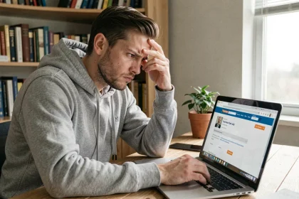Homme frustré devant un ordinateur portable affichant une erreur sur le site de La Poste