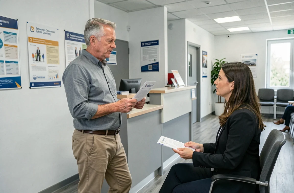 Homme en situation d'intérim discutant de ses droits Pôle emploi avec une conseillère dans une agence pour l'emploi