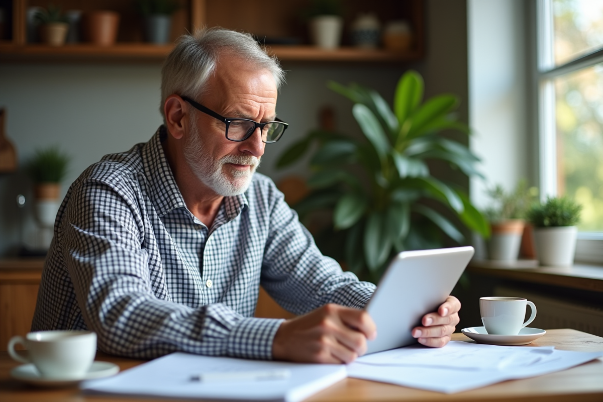 Homme âgé utilisant une tablette à la maison