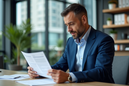 Homme en costume bleu lisant une circulaire dans un bureau