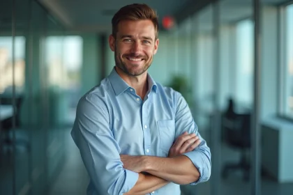 Homme confiant dans un bureau moderne avec vue urbaine
