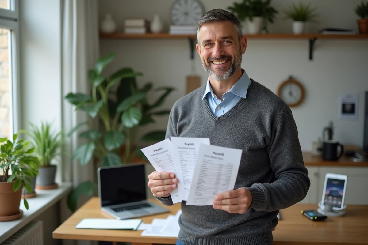 Homme examinant des fiches de paie dans un espace maison