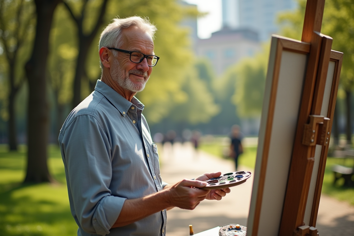 Homme peignant en plein air dans un parc ensoleille