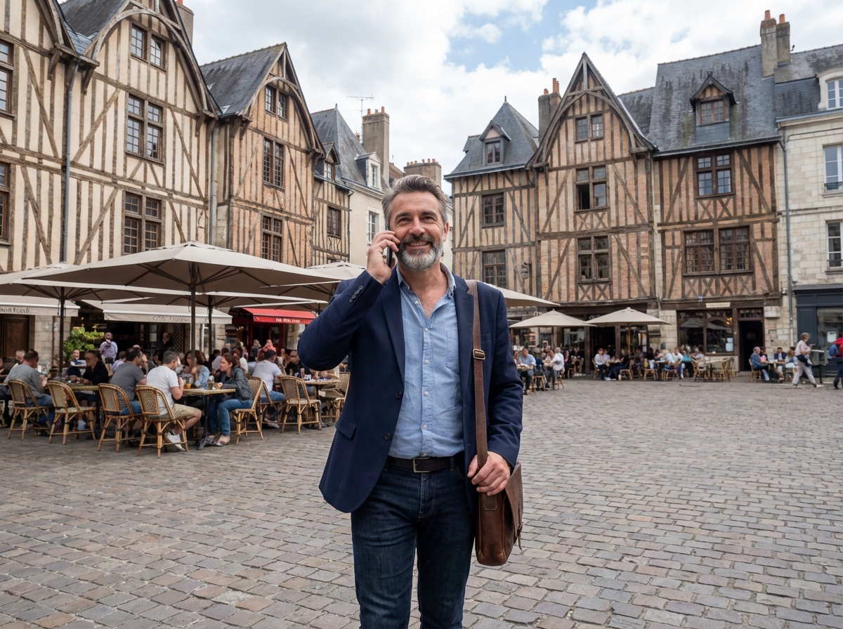 Homme marchant dans la place Plumereau à Tours avec son smartphone