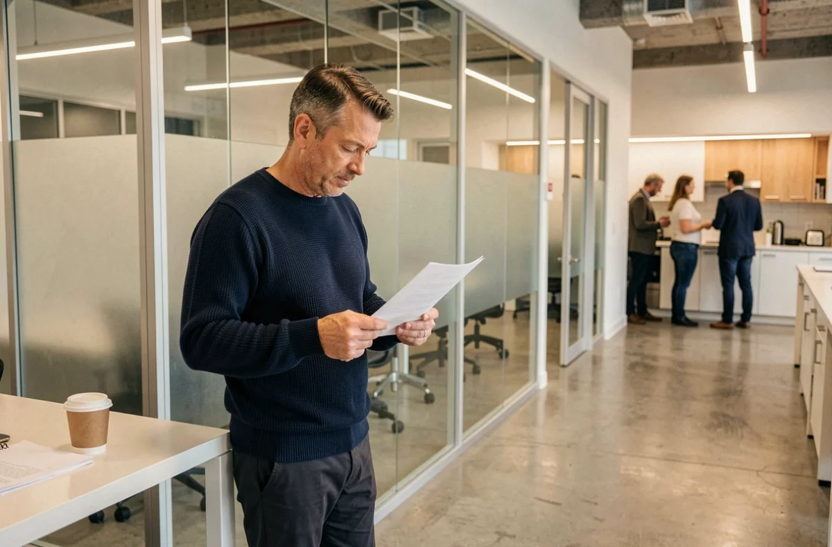 Homme professionnel consultant des documents dans un espace de coworking à Vichy avec salle de réunion en verre