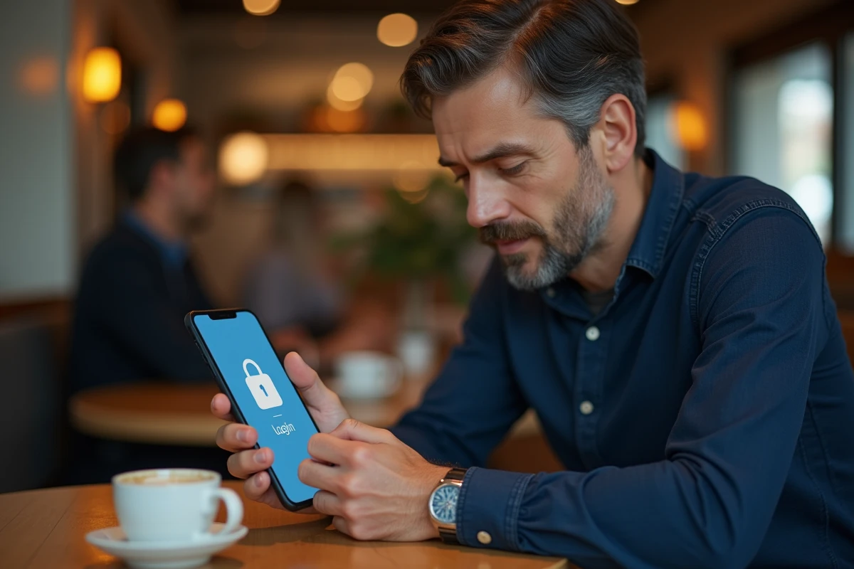 Homme utilisant son smartphone dans un café pour réinitialiser son mot de passe de compte en ligne