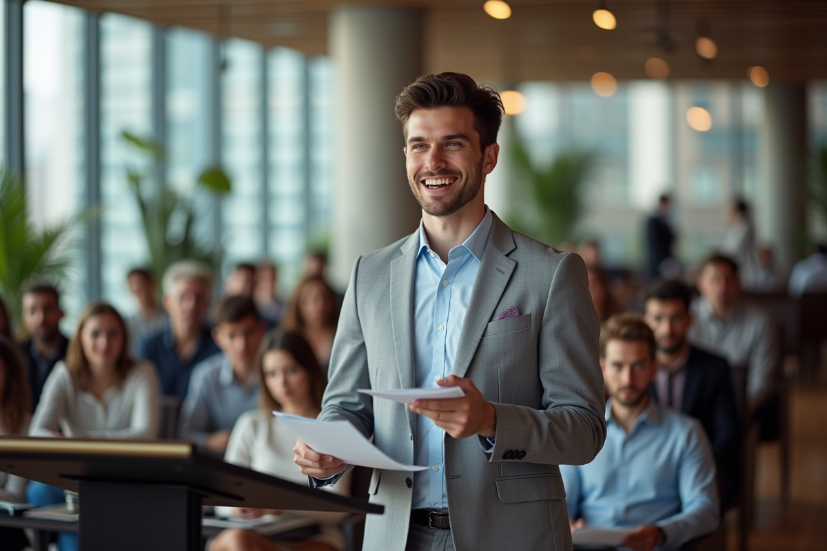 Jeune professionnel parlant lors d