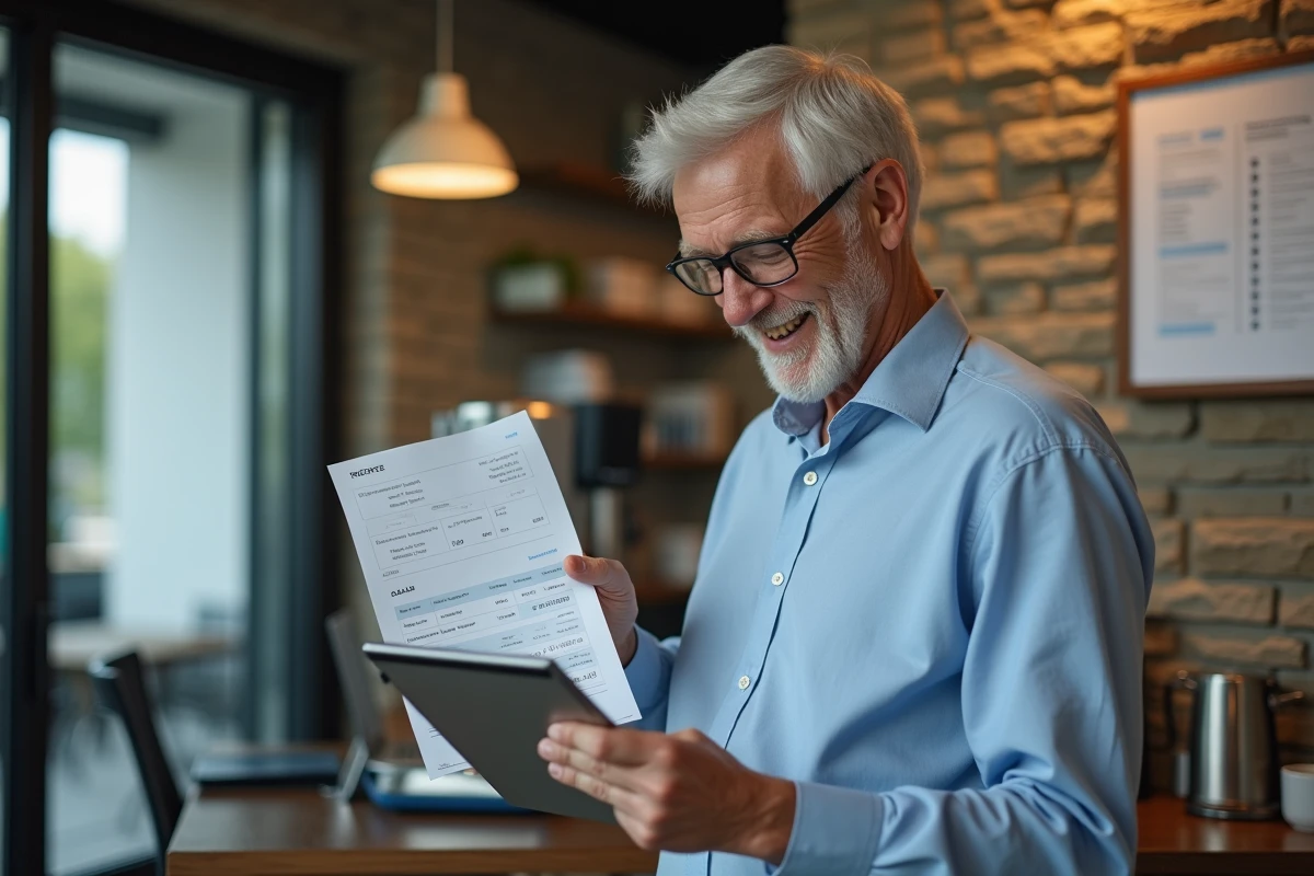 Homme vérifiant sa fiche de paie dans un espace de pause