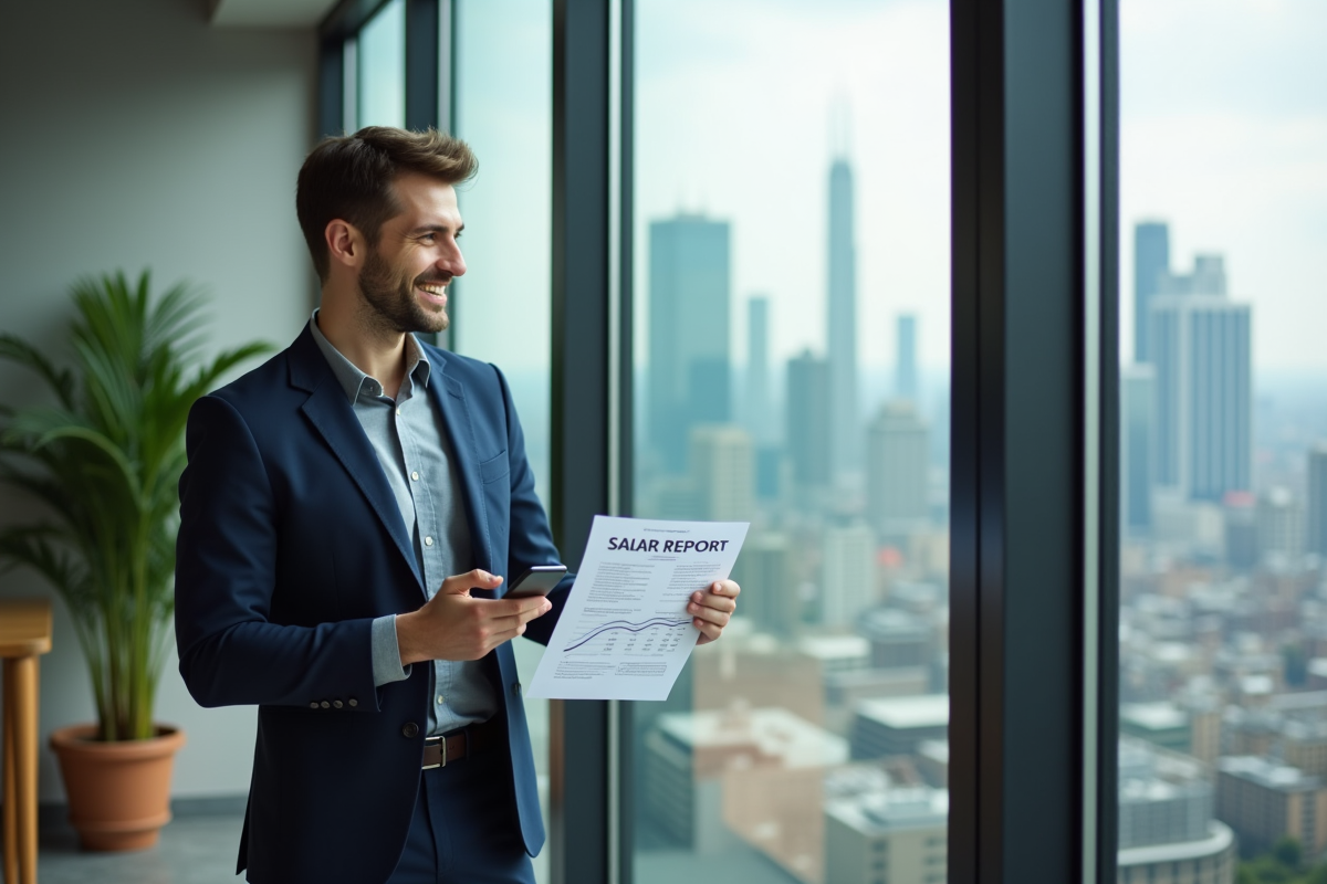 Homme souriant tenant rapport de salaire près de la fenêtre