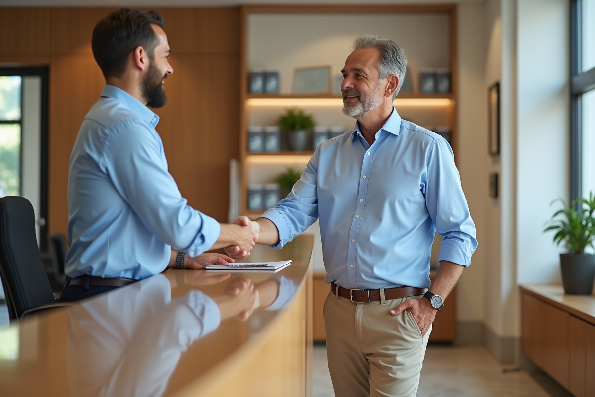 Homme d age serrant la main d un conseiller bancaire dans une agence