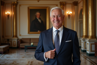 Homme élégant en costume dans un lobby luxueux