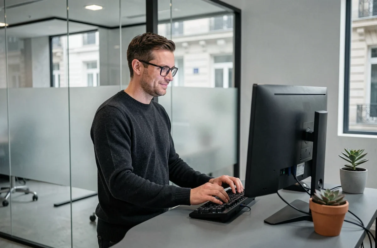 Homme en télétravail dans un espace de coworking privatif et calme à Agen avec mobilier ergonomique